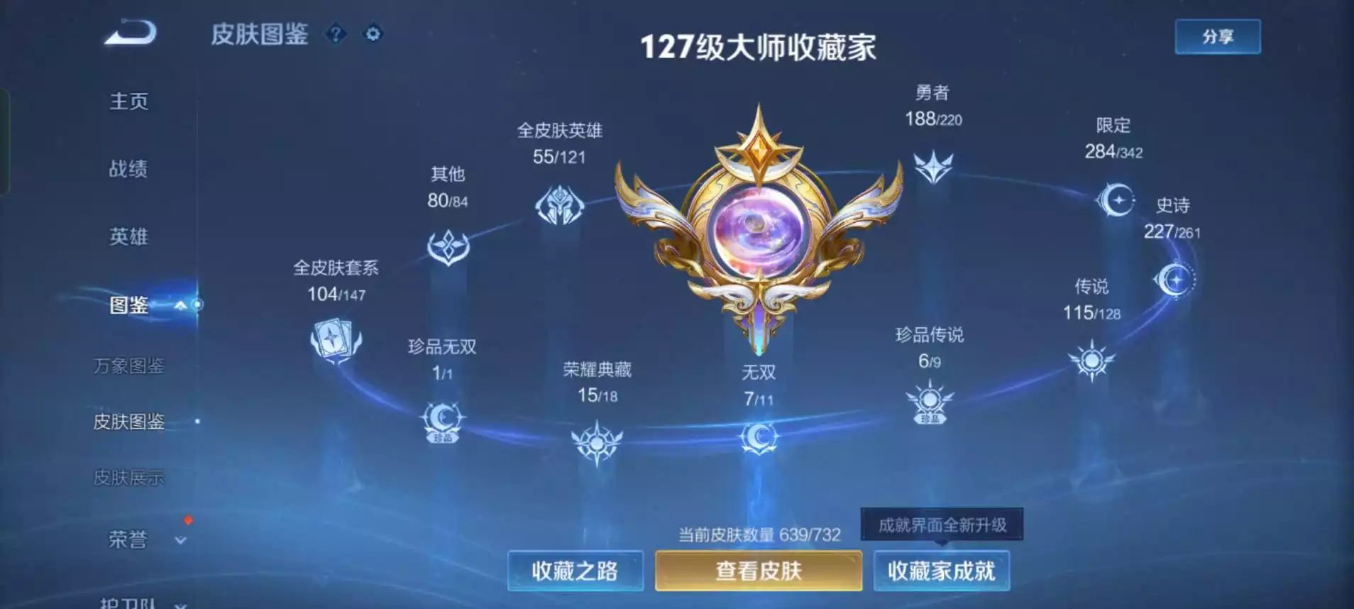 Ảnh acc cực víp WeChat android  Víp 10 pro, 17 đá quý, 7 vô song, 6 trân phẩm, 1 mucha Tổng skin 639/732 115 skin truyền thuyết, full ngũ hổ, 1986 Và nhiều skin tuyển