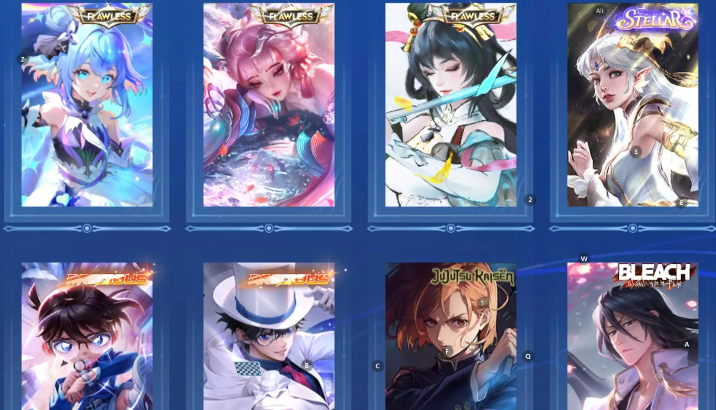 acc global login wechat 3 flawess, dư 1 đá, conan kid, 2 skin hợp tác khác, full tết 2025 2026(full nút bấm) kèm thêm nhiều limited khác