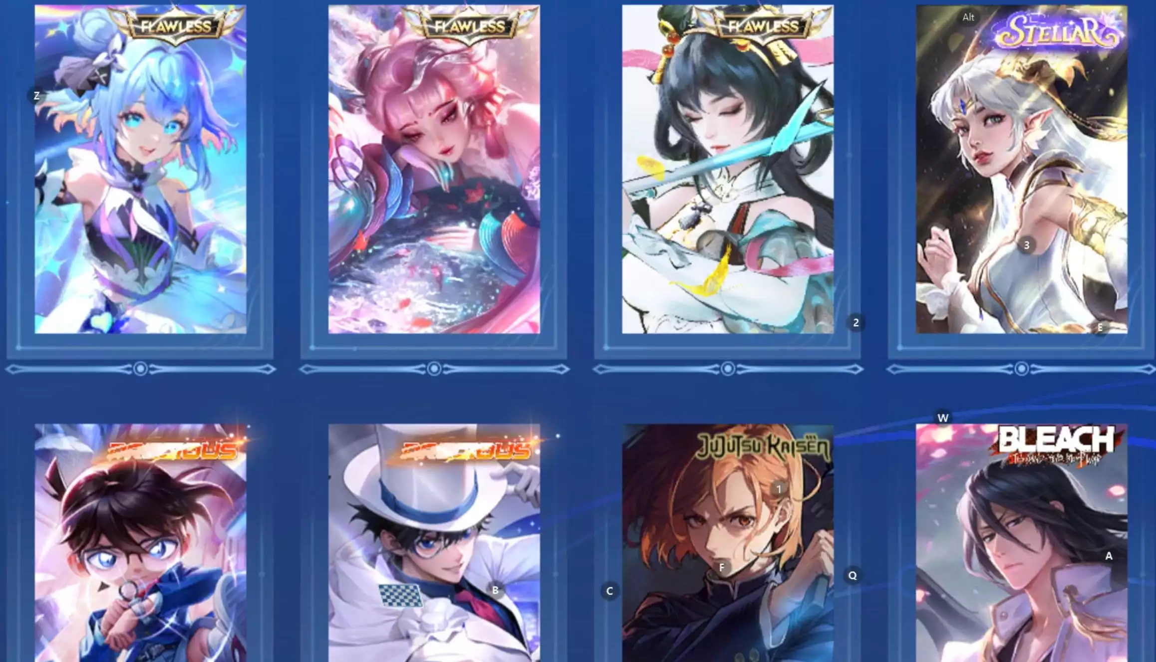 acc global login wechat 3 flawess, dư 1 đá, conan kid, 2 skin hợp tác khác, full tết 2025 2026(full nút bấm) kèm thêm nhiều limited khác